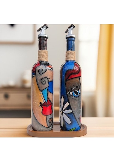 Modern Tasarımlı Soyut Yüz Desenli Renkli 750 Ml Zeytinyağı Sıvıy