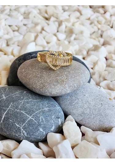 Eva Takı Store Kalp Figürlü Yarım Tur Formlu Ayarlanabilir Gold Renk Çelik Yüzük Gold