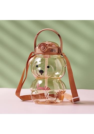 1000Ml Çocuk Taşınabilir Taşıma Su Şişesi Online Ünlü Büyük Kapasiteli Karikatür Oyuncak Ayı Plastik Su Bardağı Saman-1000Ml A Haki