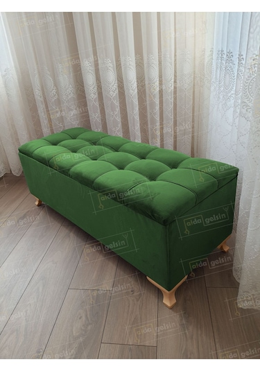 Lüks Çizgi Kapitoneli Sandıklı Puf Bench 120 Cm Gold Ayak Yeşil