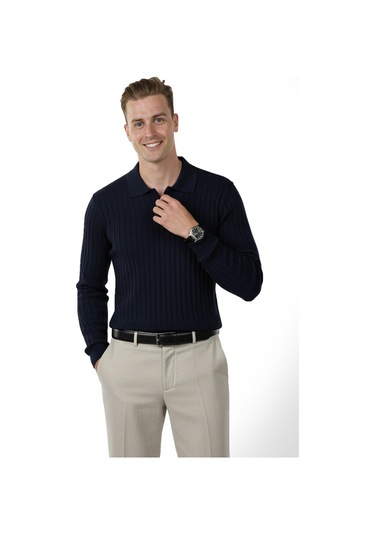 Deepsea Erkek Lacivert Polo Yaka Fitilli Triko Kazak %100 Pamuk, Esnek Dokulu, Modern Kalıp 2605305 Lacivert