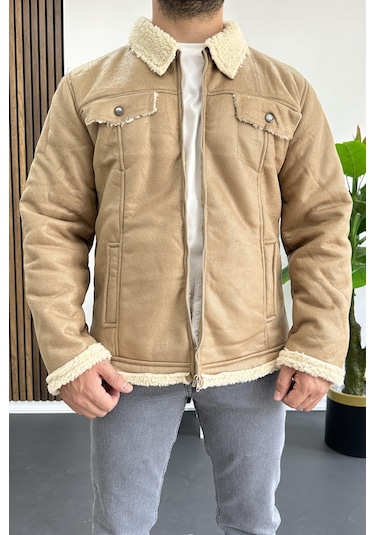 Erkek İçi Kürklü Suni Pul Deri Mont Krem Edw120-krem Krem