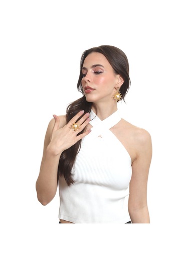 Labalaba Kadın Altın Renk Kaplama İnci Detaylı Büyük Güneş Yüzük& Küpe Seti Altın