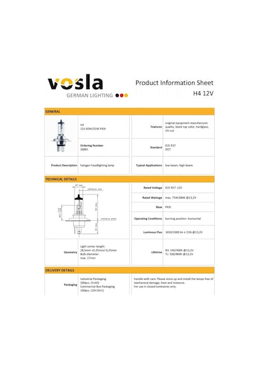 Vosla 12v H4 Ampul Halogen 60/55w P43t 28881 2 Li
