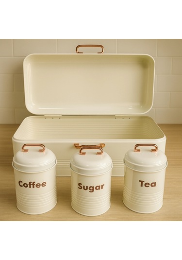 4 Lü Mutfak Seti Ekmeklikçay Kahve Şekerlik Krem 43x20 Krem