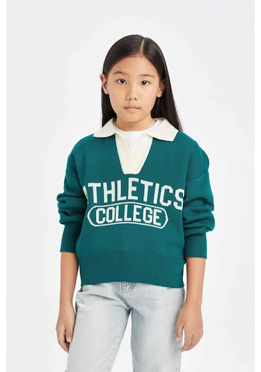 DeFacto Kız Çocuk Polo Yaka Yazı Baskılı Triko Kazak D3190A824WNGN994 Yeşil