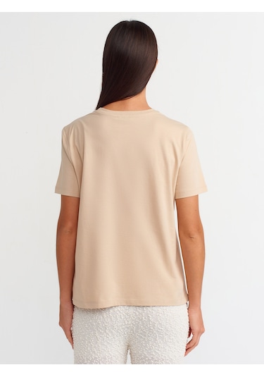 Dilvin Yaka Pamuklu T-shirt Bej Açık Bej