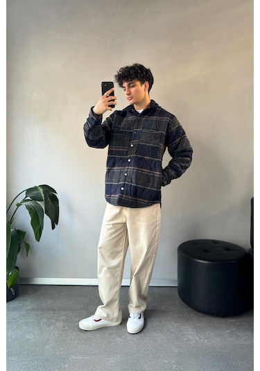 Flaw Ekose Desen Cep Detay Oversize Ceket Lacivert Lacivert