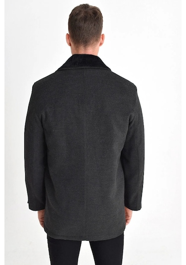 Erkek Antrasit Çift Yaka Kürklü Önü Fermuarlı Kaşe Kaban Antrasit