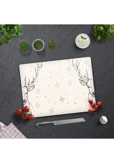 Decorita Cam Kesme Tahtası|Krem Geyikli|30cm x 40cm