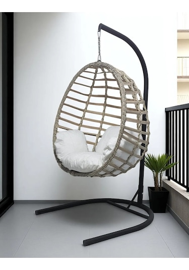 Armut Salıncak Tek Kişilik Rattan Örgü Bahçe Balkon Ev Salıncağı Bej
