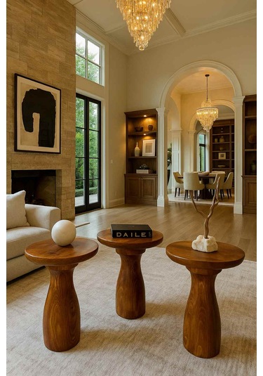 Doğal Meşe Renk 3 Lü Ahşap Mantar Sehpa Zigon Fiskos Seti Meşe