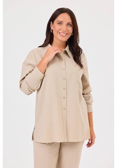 Galaxi Kadın Büyük Beden Çizgili Gömlek 4007 Bej
