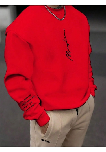 Startmore Kırmızı Unisex Kadın/erkek Never Renkli Oversize Bisiklet Yaka Pamuklu