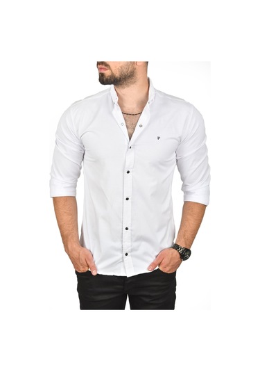 Deepsea Erkek Beyaz Çıt Çıt Düğmeli Örme Kumaş Dar Kesim Likralı Gömlek 2300413 Beyaz