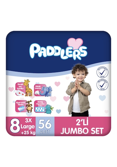 Paddlers Bebek Bezi 8 Numara XXX-Large 56 Adet (25+Kg) 2'li Jumbo Set