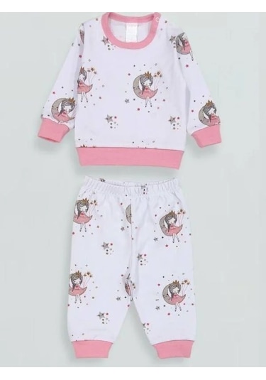 Kız Bebek Desenli Pamuklu Pijama Takım-15340 Beyaz