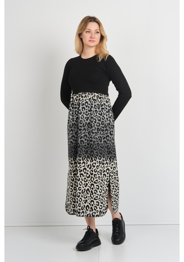 Sistas Kadın Leopar Desenli Yanları Yırtmaçlı Bisiklet Yaka Elbise 24922 Gri-bej Gri-bej