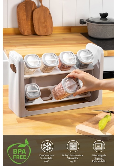 8'li Standlı, Kilitlenebilir Kapaklı Hava Almaz Baharatlık Seti - Bej