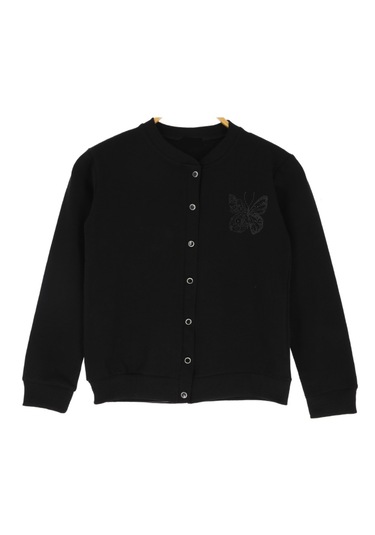 Kız Çocuk Kelebek Nakışlı Düğme Kapamalı Siyah Renk Hırka