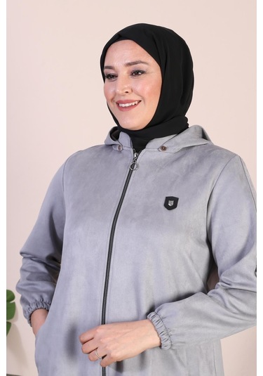 Kadın Büyük Beden Armalı Kapşonlu Kısa Diz Boy Tesettur Süet Pardesü
