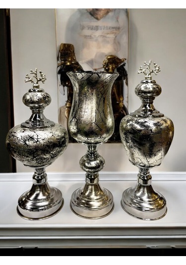 3'lü Dekoratif Prestij Dekoratif Vazo Set - Gümüş Gümüş