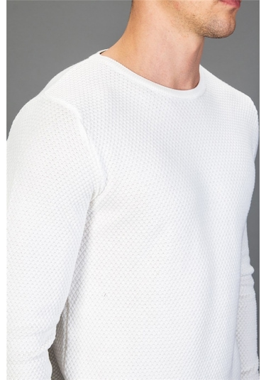 Tudors Slim Fit Dar Kesim Bisiklet Yaka Petek Desenli Erkek Kazak-14927 Beyaz