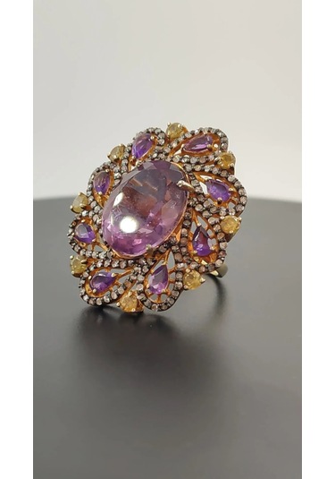 925 Ayar Gümüş Ametist Elmas Yüzük 256 Altın