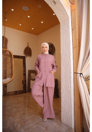 Kadın Tesettür Eşofman & Takımı, Alt Üst Uzun Takım Düğmeli Gömlek Pantolon 504 Pembe