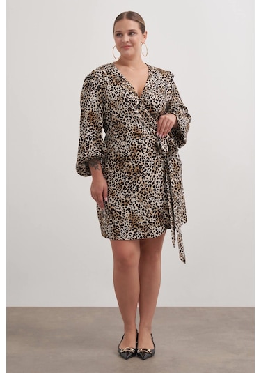 Beli Kuşaklı Leopar Elbise-2571 Kahverengi