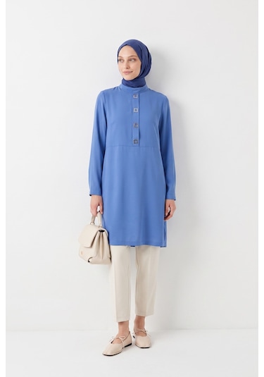 Armine Trend Metal Aksesuar Detaylı Hakim Yaka Tunik İndigo 26yt485