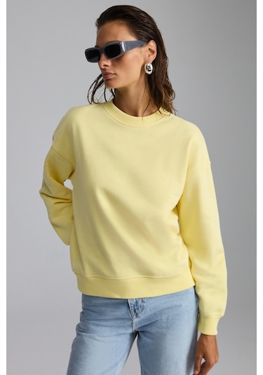 Vaneltına Kadın Içi Polarlı 3 Iplik Organik Pamuk Oversize Basic Bisiklet Yaka Sarı Sweatshirt