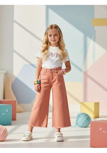 Zekids Kız Çocuk Pamuklu Paçaları Püsküllü Pantolon-16677 Somon