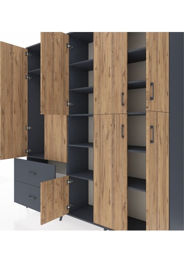 Hyperion Dolap 12 Raflı 2 Çekmeceli Tek Askılı 220x44x243 Antrasit-çam/antrasit Atlas Çam/antrasıt