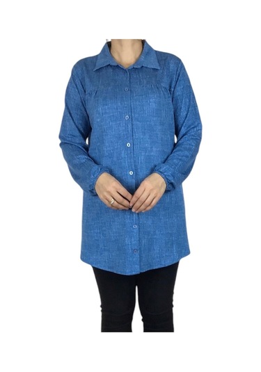 Mevsimlik Kolları Lastikli Boydan Düğmeli Gömlek Mavi