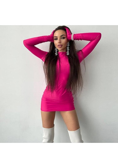 Eldivenli Uzun Kollu Katı Mini Elbise Vücuda Oturan Seksi Sokak Partisi Yarım Yaka Kıyafetler Y2k Giyim Toptan Gül Pembe