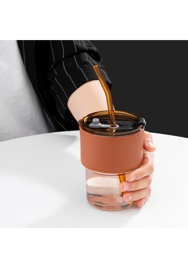 Fosenze İki Katlı Cam Kupa, Sıcak/soğuk İçecekler İçin, Toz Koruyucu Kapak Ve Cam Pipetli, 400 Ml