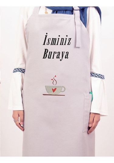 Mutfak Önlüğü Kişiye Ve İsme Özel Nakışlı Mutfak Önlüğü Kalpli Kupa Farklı Renkler Gri