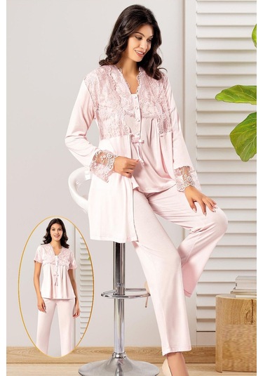 Xses 4300 Kadın Hamile Lohusa Sabahlıklı Pijama Takım-pudra