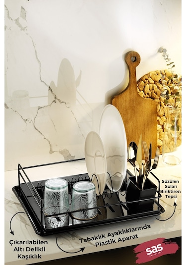 Tek Katlı Siyah Bulaşıklık Dayanıklı Paslanmaz Bulaşık Sepeti, Tepsili, Tabak Ve Kaşık Kurutmalık - Tbk-01 Siyah