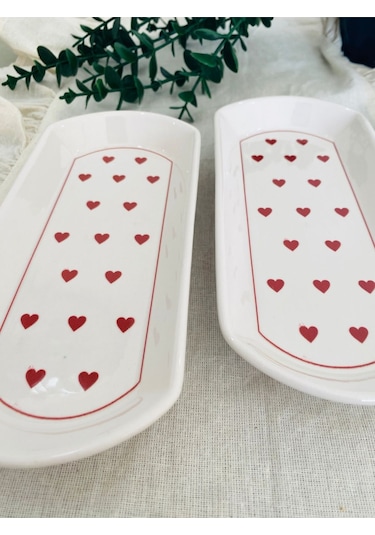 Love Kırmızı Kalp 2 Adet Oval Tabak Kırmızı