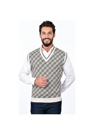 Kamalı Erkek Çelik Örgü Ekose Desenli Kalın Triko V Yaka Triko Örgü Tüylenmez Süveter Regular Taş