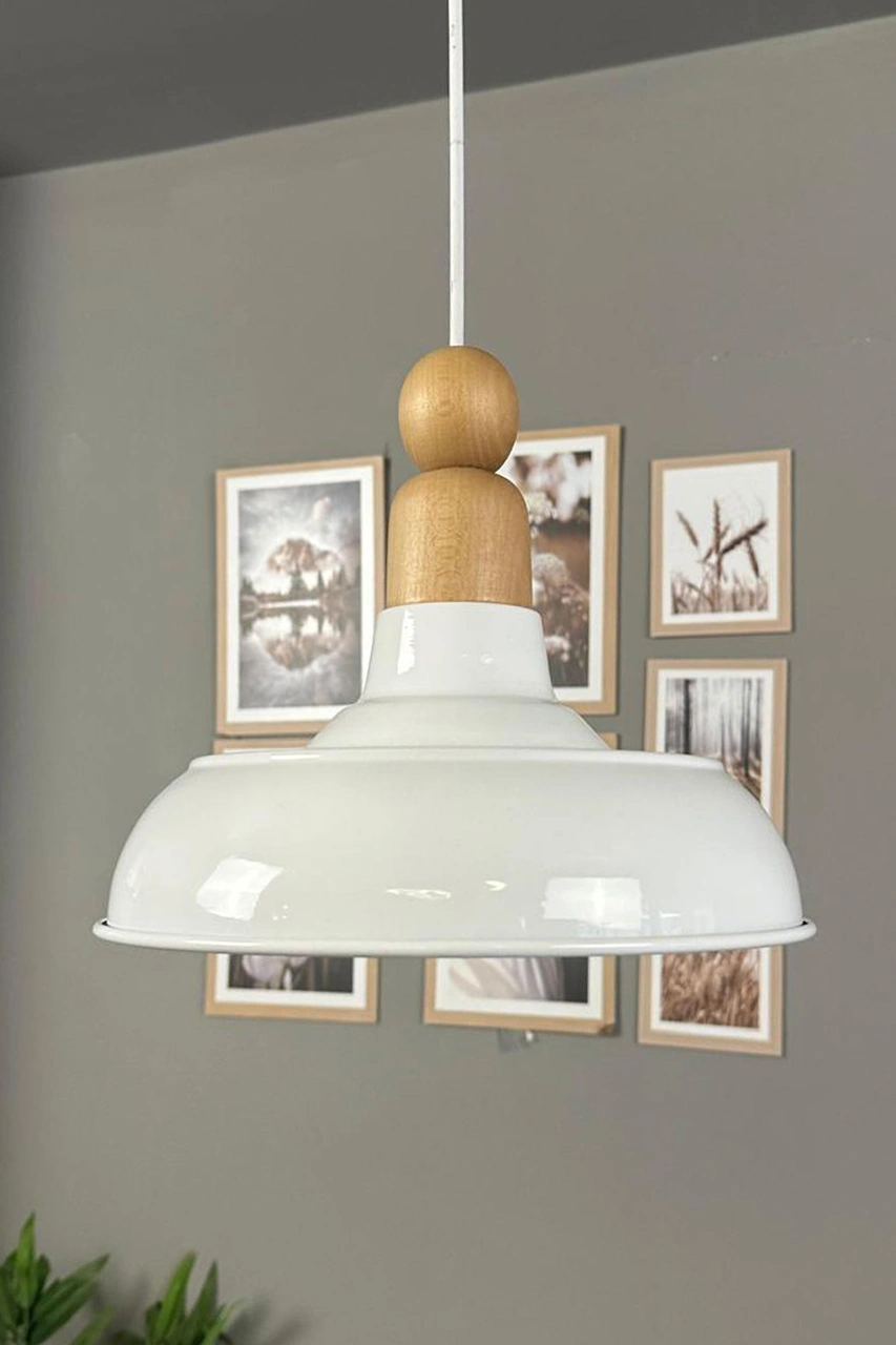 Veluna Beyaz Tekli Kalın Ahşap Boncuk Başlık Avize Retro Sarkıt Showroom Salon Mutfak Avizeleri Beyaz