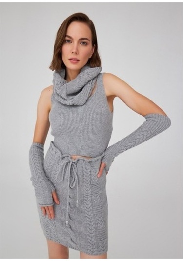 Peraluna Saç Örgü Desenli Kadın Triko Etek Gri Melanj
