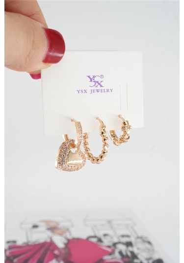 By Zeyna Aksesuar Kadın Vip Seri Baget Zirkon Taşlı 3'lü Küpe Seti-4279 Altın