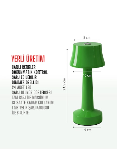 Zenlight Metal Dokunmatik Şarjlı Masa Lambası 320-4 Yeşil