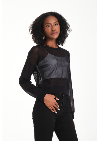Bisiklet Yaka Petek File Bluz Siyah