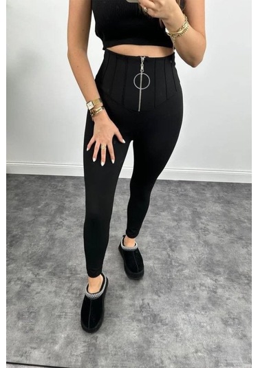 Kadın Yüksek Bel Toparlayıcı Korse Detay Dalgıç Kumaş Tayt Siyah