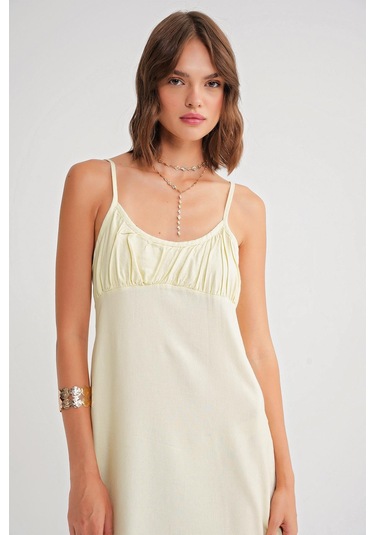 4742 Kadın İp Askılı Büzgü Detaylı Midi Elbise Sarı Sarı