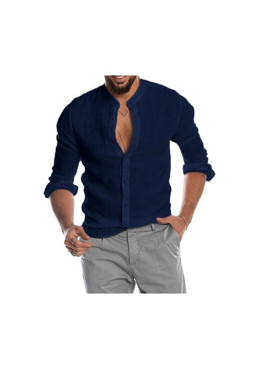 Lacivert Erkek Pamuklu Keten Uzun Kollu Henley Gömlek Rahat Bol Düğmeli Üstler Tişört Lacivert